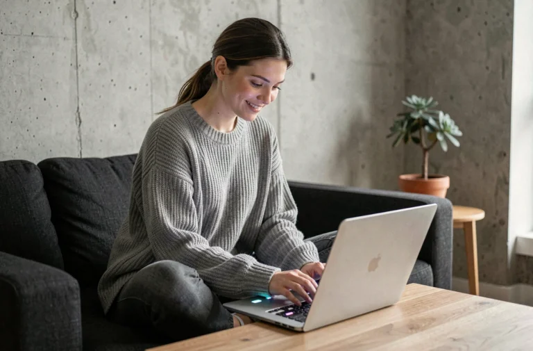 Jeune femme souriante regardant un film en streaming gratuit sur son laptop depuis son canapé