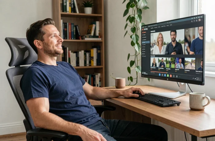 Homme regardant une série en streaming sur grand écran dans un bureau à domicile moderne