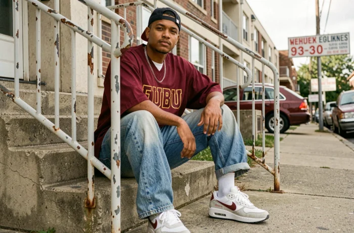Jeune homme en tenue streetwear hip-hop des années 1994 avec jersey oversize, baggy et sneakers Air Max assis sur des marches en béton urbain