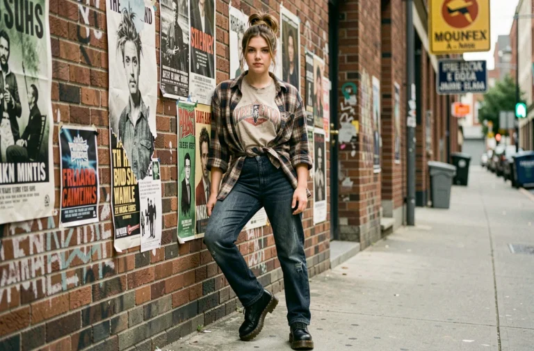 Jeune femme en tenue grunge emblématique des années 1994 avec jean taille haute, chemise à carreaux et boots Dr. Martens dans une ruelle urbaine