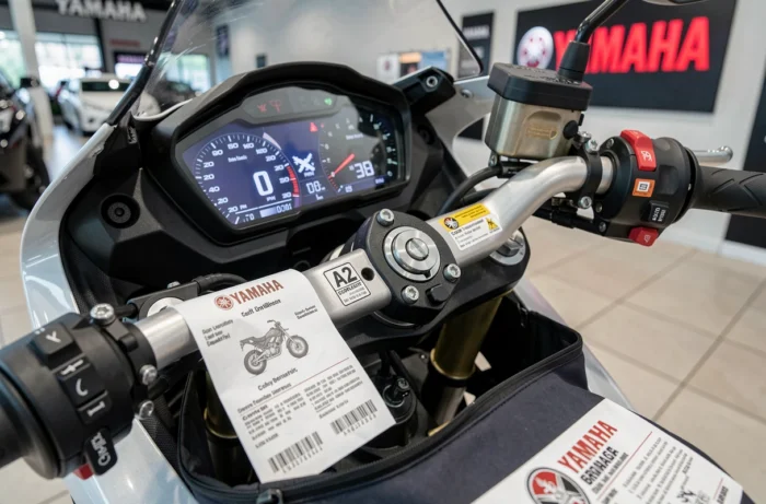 Tableau de bord d'une Yamaha R6 avec autocollant de bridage A2 et certificat de restriction de puissance