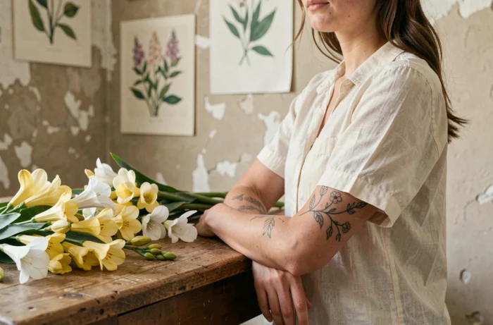 Femme avec un tatouage de freesia sur l'avant-bras posé près de fleurs fraîches sur une table en bois rustique