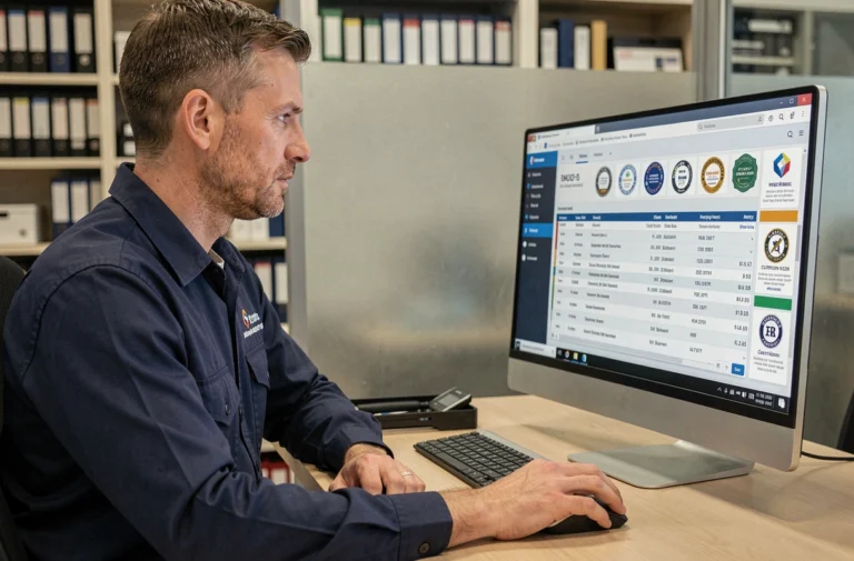Technicien de contrôle technique consulte l'espace affilié Securitest sur son ordinateur dans un bureau de centre d'inspection
