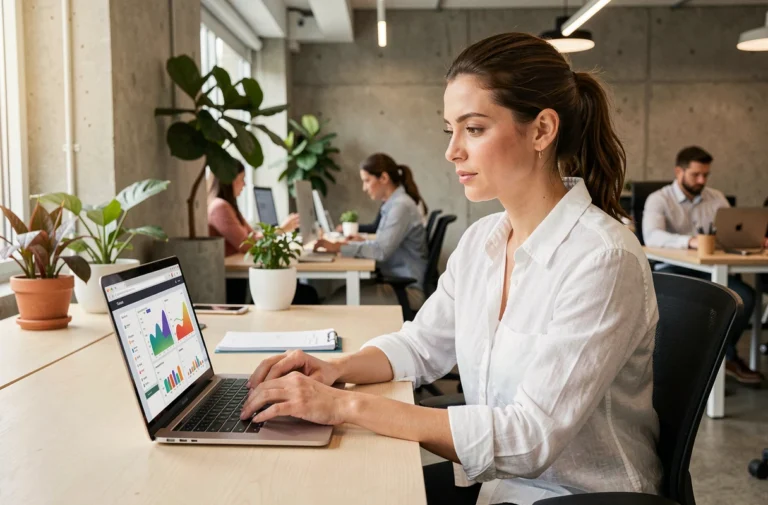 Femme professionnelle consultant des tendances digitales et actualités web sur un ordinateur portable dans un bureau moderne