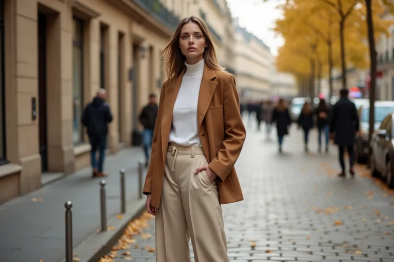 Femme portant un blazer oversize camel et un pantalon large dans une rue pavée parisienne en automne, tendances mode saison