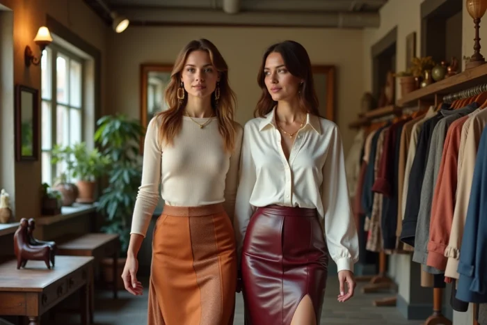 Deux femmes en jupes tendance terracotta et bordeaux dans une boutique vintage, tendances mode incontournables de la saison