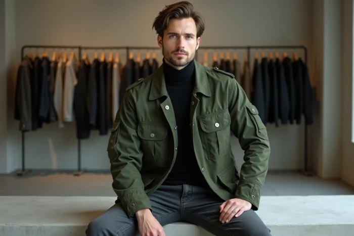 Homme en veste utilitaire vert forêt et col roulé dans un concept store minimaliste, style mode masculin tendance