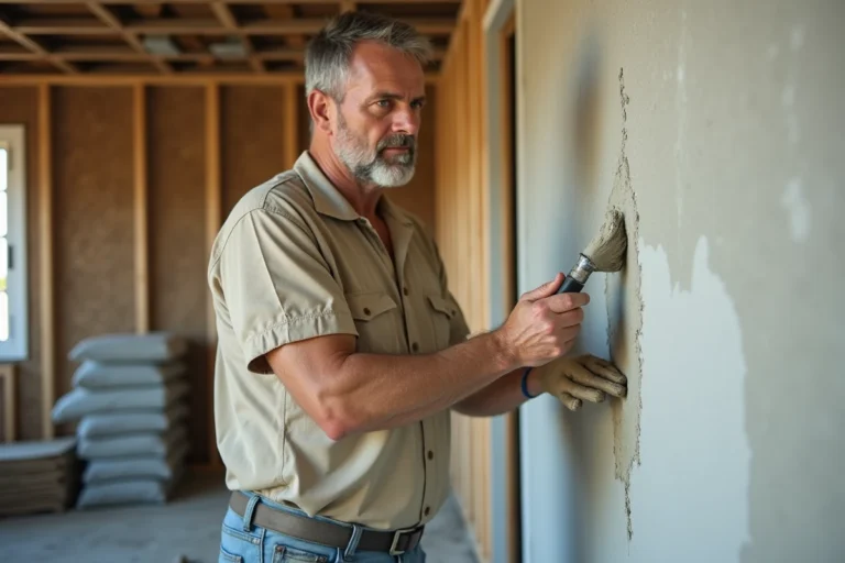Artisan en train d'appliquer du plâtre sur une cloison sèche lors de travaux de rénovation intérieure