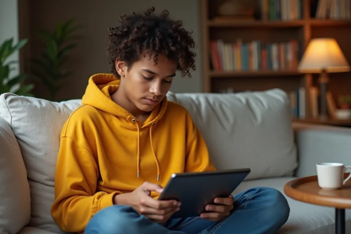 Jeune personne consultant un tutoriel sur tablette pour apprendre à insérer des images sur Framapad