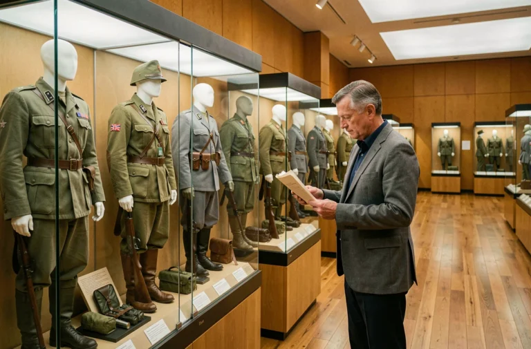 Historien examinant des uniformes militaires de la Seconde Guerre mondiale exposés dans un musée, représentant les forces Alliées et de l'Axe