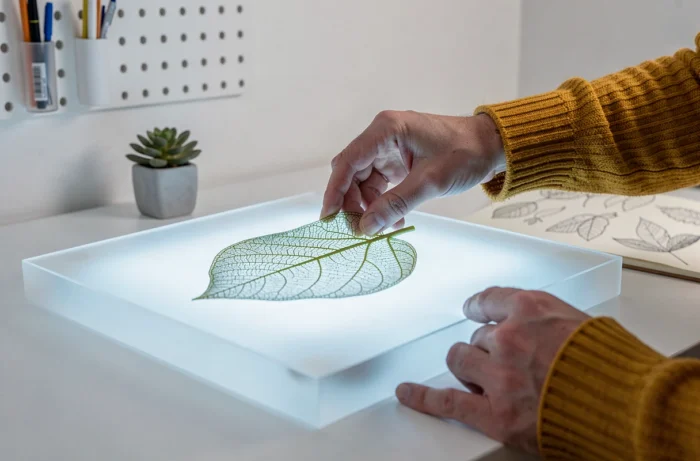 Mains plaçant une feuille botanique sur la surface lumineuse d'une table lumineuse DIY terminée dans un studio minimaliste