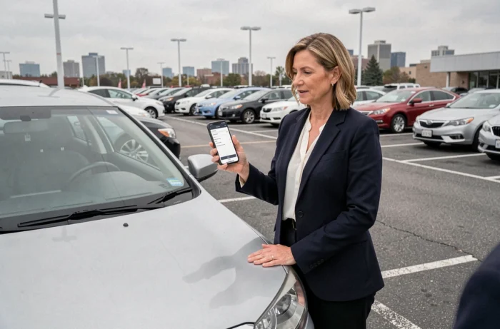 Femme vérifiant l'historique d'un véhicule d'occasion sur smartphone dans un parking de concessionnaire