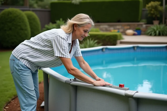 Femme utilisant un niveau à bulle pour vérifier l'alignement horizontal d'une piscine autoportée inclinée