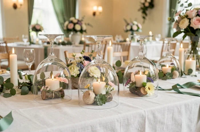 Verres à vin retournés utilisés comme cloches décoratives sur une table de mariage, couvrant de petits arrangements floraux