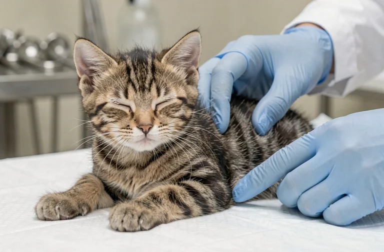 Vétérinaire examinant un chaton mâle tigré sur une table de consultation, contrôle de santé féline