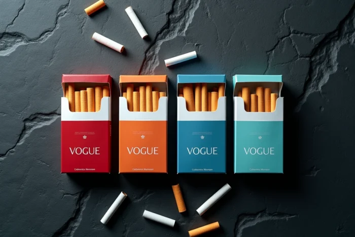 Vue de dessus des quatre variantes de couleurs de cigarettes Vogue avec filtres colorés sur ardoise